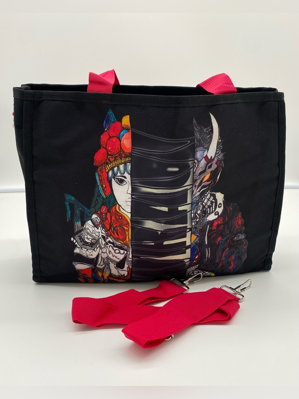 Unique Art Print Tote Bag Red Handle Zip Black Canvas Lightweight W Straps